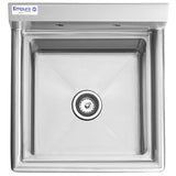 A commercial stainless steel square sink viewed from above, featuring a central drain with strainer. The back edge has two pre-drilled holes for faucet installation. The upper left corner displays the Empura brand name in blue and gray text.