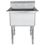 A heavy duty stainless steel sink with a deep rectangular basin, high backsplash with two pre-drilled faucet holes, and sturdy tubular legs. This 1 compartment sink has a clean, industrial design ideal for kitchens or utility areas.