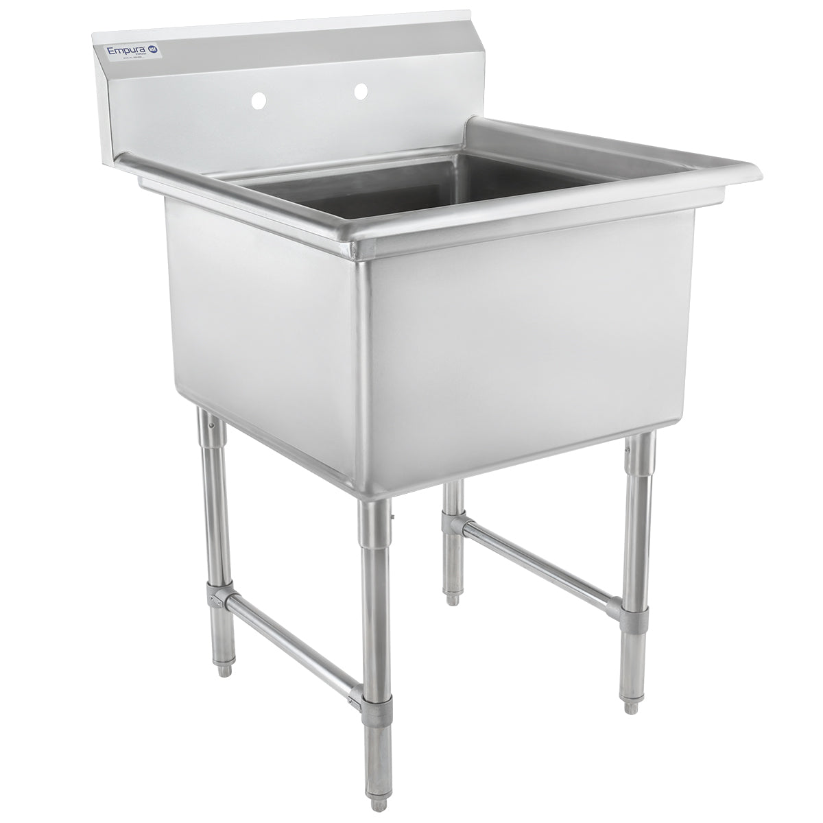 A heavy duty stainless steel, 1 compartment sink featuring a deep rectangular basin, tall backsplash, and sturdy tubular legs. This NSF Empura sink includes two faucet holes and adjustable feet for stability—ideal for industrial or kitchen use.
