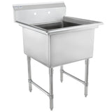 A heavy duty stainless steel, 1 compartment sink featuring a deep rectangular basin, tall backsplash, and sturdy tubular legs. This NSF Empura sink includes two faucet holes and adjustable feet for stability—ideal for industrial or kitchen use.