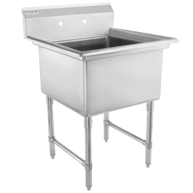 A heavy duty stainless steel, 1 compartment sink featuring a deep rectangular basin, tall backsplash, and sturdy tubular legs. This NSF Empura sink includes two faucet holes and adjustable feet for stability—ideal for industrial or kitchen use.