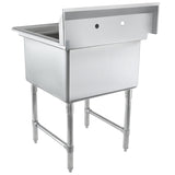 A heavy duty stainless steel sink, this NSF Empura 1 compartment sink features a deep rectangular basin, raised backsplash with two faucet holes, and four sturdy legs with cross supports, all shown on a white background.