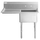 A stainless steel commercial sink with one deep rectangular basin on the right, a flat drainboard on the left, two faucet holes in the back panel, and sturdy tubular legs. This NSF sink features a clean, unused surface for demanding environments.