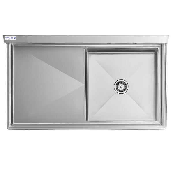 A rectangular stainless steel sink with a large left basin and a smaller, deep right basin featuring a centered drain. This NSF sink by Eros has sharp corners, a flat rim, and boasts a smooth, modern design. Brand name appears on the top left corner.
