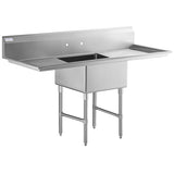 A large NSF sink with a single deep basin, high backsplash, pre-drilled faucet holes, and two side drainboards. This commercial stainless steel sink stands on four sturdy legs with adjustable feet, ideal for heavy-duty kitchen or industrial use.