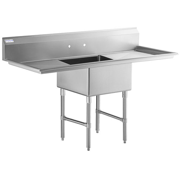 A large NSF sink with a single deep basin, high backsplash, pre-drilled faucet holes, and two side drainboards. This commercial stainless steel sink stands on four sturdy legs with adjustable feet, ideal for heavy-duty kitchen or industrial use.