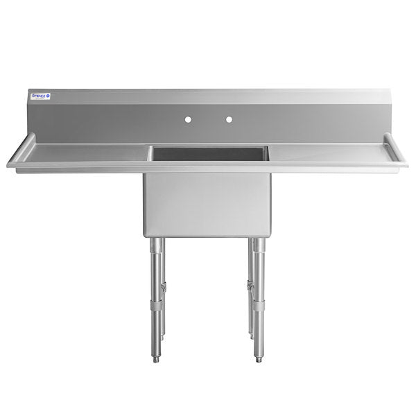 A commercial stainless steel sink with a single deep basin, high backsplash, and wide side drainboard. This NSF sink has two centered faucet holes above the basin and stands on four sturdy metal legs—ideal for busy kitchens.