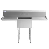 A commercial stainless steel sink with a single deep basin, high backsplash, and wide side drainboard. This NSF sink has two centered faucet holes above the basin and stands on four sturdy metal legs—ideal for busy kitchens.