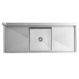 A rectangular, NSF stainless steel sink with a single deep basin in the center, flat surrounding edges, and a circular drain. This commercial sink features a modern, minimalist design with sharp lines and smooth surfaces.