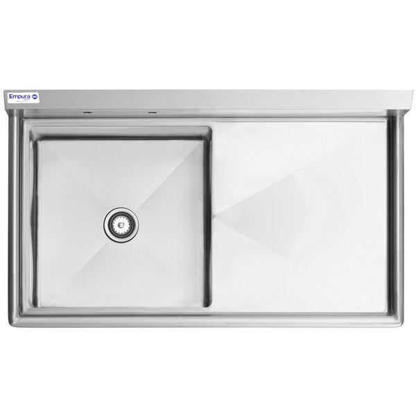 Rectangular 16 gauge stainless steel kitchen sink with a single square basin on the left and a right drainboard. The basin has a visible center drain, clean angular lines, and the Empura logo at the top left corner.