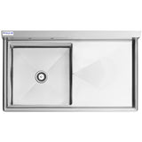 Rectangular 16 gauge stainless steel kitchen sink with a single square basin on the left and a right drainboard. The basin has a visible center drain, clean angular lines, and the Empura logo at the top left corner.