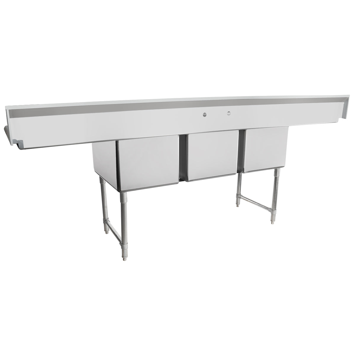 A large stainless steel commercial sink with two deep rectangular basins, a long flat backsplash, and sturdy tubular legs. This stainless steel sink is designed for professional kitchens, featuring an open area beneath and a modern, functional appearance.