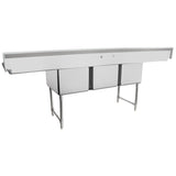 A large stainless steel commercial sink with two deep rectangular basins, a long flat backsplash, and sturdy tubular legs. This stainless steel sink is designed for professional kitchens, featuring an open area beneath and a modern, functional appearance.