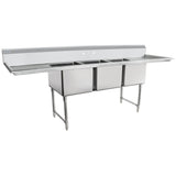 A large stainless steel 3 compartment sink with deep rectangular basins, a raised backsplash, and drainboards on both sides. Supported by sturdy metal legs, this commercial sink is ideal for use in any professional kitchen or food service setting.