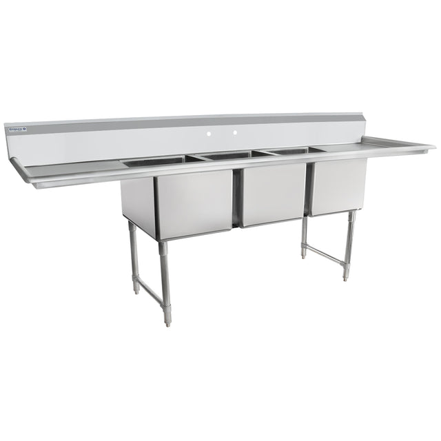 A large stainless steel 3 compartment sink with deep rectangular basins, a raised backsplash, and drainboards on both sides. Supported by sturdy metal legs, this commercial sink is ideal for use in any professional kitchen or food service setting.