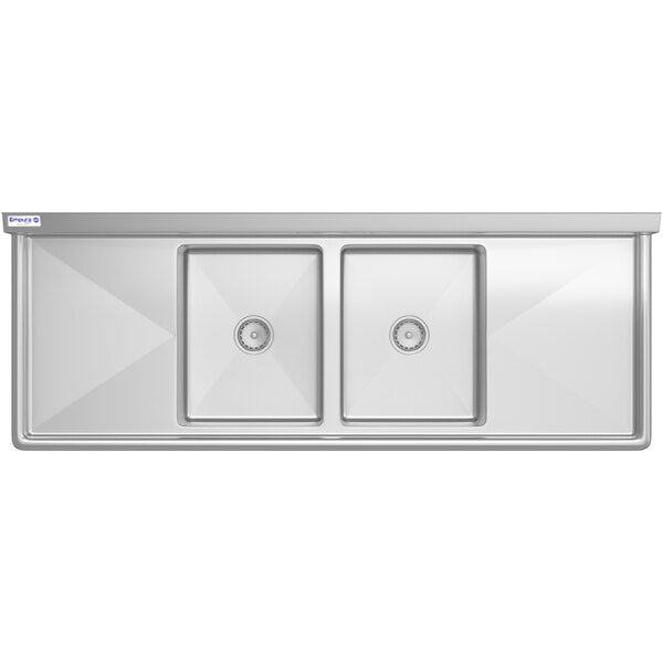 A stainless steel sink with two square, equal-size basins and centered drains. This 2 compartment sink showcases a modern, minimalist design with sharp, clean lines and a flat, smooth surface—perfect for contemporary kitchens.