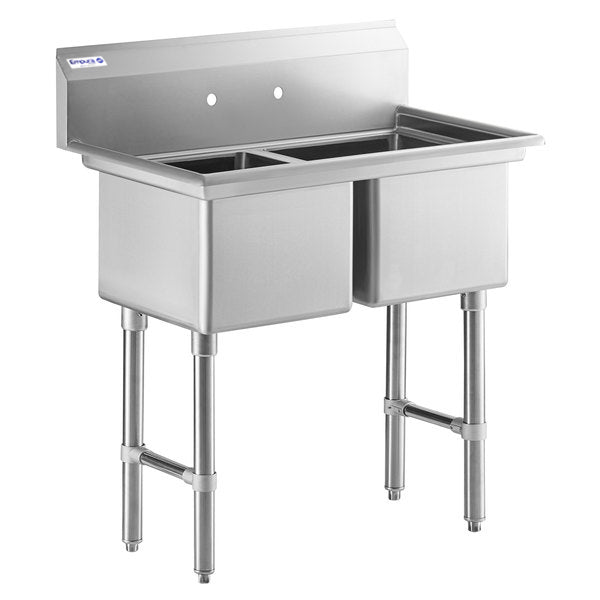 A stainless steel commercial kitchen sink with two deep rectangular basins, four adjustable legs, and a high backsplash with pre-drilled faucet holes. This freestanding 2 compartment sink is ideal for industrial kitchens or food service settings.
