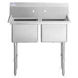 A stainless steel, 2 compartment commercial kitchen sink with a high backsplash and two pre-drilled faucet holes. It features sturdy tubular legs with adjustable feet and deep rectangular basins, ideal for kitchen or industrial use.