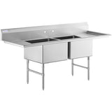 A commercial kitchen sink with two deep rectangular basins, side drainboards, backsplash, and tall metal legs; this heavy-duty stainless steel 2 compartment sink features two faucet holes centered on the backsplash for superior kitchen performance.