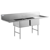 A commercial stainless steel sink with two deep square basins, a left-side drainboard, and a raised backsplash. This NSF sink stands on sturdy metal legs with bracing bars, ideal for kitchen or industrial use.