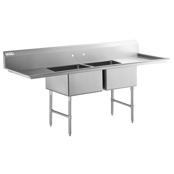 A commercial stainless steel sink with two deep square basins, a left-side drainboard, and a raised backsplash. This NSF sink stands on sturdy metal legs with bracing bars, ideal for kitchen or industrial use.