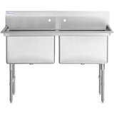 A commercial kitchen sink with double deep rectangular basins, high backsplash, and two faucet holes. This sturdy 2 compartment sink stands on four legs and is ideal for busy kitchens or utility areas.