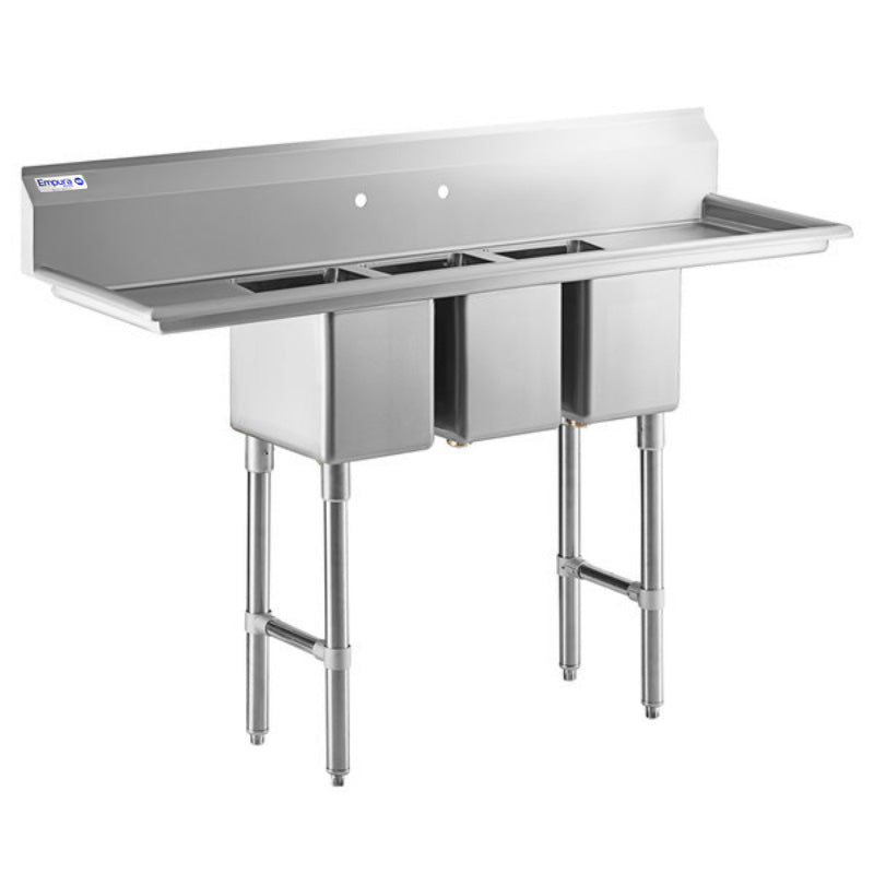 A commercial NSF 3 compartment sink with a tall backsplash, deep rectangular basins, and sturdy metal legs. Features wide drainboards on both sides, making this stainless steel sink ideal for professional kitchens or food service environments.