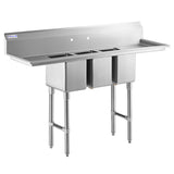 A commercial NSF 3 compartment sink with a tall backsplash, deep rectangular basins, and sturdy metal legs. Features wide drainboards on both sides, making this stainless steel sink ideal for professional kitchens or food service environments.