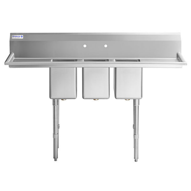This NSF sink features three deep rectangular basins, a raised backsplash with two faucet holes, and sturdy legs. The 3 compartment sink is made of stainless steel with a flat front edge and visible bracing for added support.