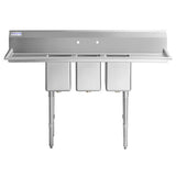This NSF sink features three deep rectangular basins, a raised backsplash with two faucet holes, and sturdy legs. The 3 compartment sink is made of stainless steel with a flat front edge and visible bracing for added support.