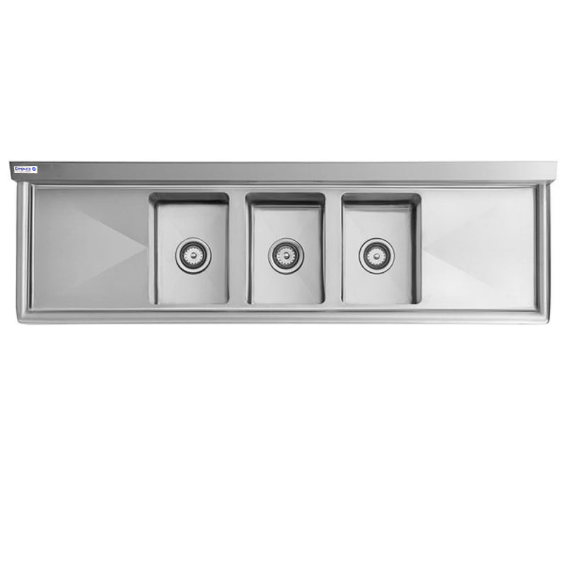 A 3 compartment NSF stainless steel sink with three equal-sized rectangular basins in a row. Each basin features a central circular drain, and the minimalist, modern sink has a raised rear edge for mounting on a countertop.
