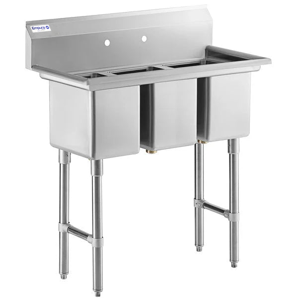 A stainless steel sink with two deep, rectangular compartments, backsplash, and four sturdy legs. Holes above the backsplash allow for faucet installation. This NSF sink features an industrial, utilitarian design perfect for commercial use.