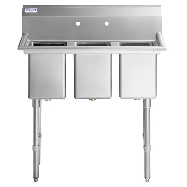 A commercial NSF sink with tall adjustable legs, three deep rectangular basins, and a high backsplash featuring three faucet holes. This stainless steel 3 compartment sink is clean and empty, viewed from the front against a white background.