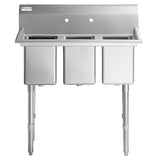 A commercial NSF sink with tall adjustable legs, three deep rectangular basins, and a high backsplash featuring three faucet holes. This stainless steel 3 compartment sink is clean and empty, viewed from the front against a white background.