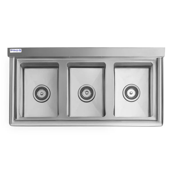 A modern stainless steel sink with three deep rectangular basins and center drains. This NSF sink features a flat back panel and a small brand label on the top left, combining simplicity with commercial-grade durability.