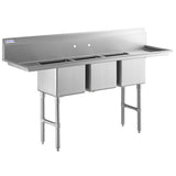 A commercial NSF certified stainless steel sink with backsplash, three deep rectangular basins, and four sturdy metal legs. This 3 compartment sink is ideal for industrial or restaurant use, featuring pre-drilled holes for faucet installation in the backsplash.