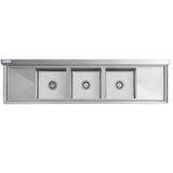 A stainless steel sink, NSF certified, featuring a 3 compartment sink design with three rectangular basins, drain holes, a flat back panel, and an extended rim along the top edge, viewed from above against a white background.
