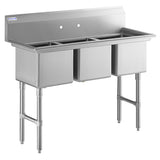 A 3 compartment stainless steel sink with deep rectangular basins, four sturdy metal legs, and a backsplash with two pre-drilled faucet holes. This commercial kitchen sink features a sleek, industrial design for heavy-duty washing tasks.