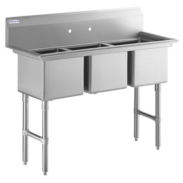 A 3 compartment stainless steel sink with deep rectangular basins, four sturdy metal legs, and a backsplash with two pre-drilled faucet holes. This commercial kitchen sink features a sleek, industrial design for heavy-duty washing tasks.