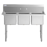A commercial kitchen 3 compartment sink with backsplash and two faucet holes. This stainless steel sink stands on four sturdy legs, with deep rectangular compartments ideal for heavy-duty washing in kitchens or food service areas.