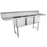 A commercial NSF sink with three deep rectangular basins, a raised backsplash, and sturdy metal legs. This 3 compartment sink features extended drainboards on each end and is ideal for heavy-duty use in restaurant or industrial kitchens.