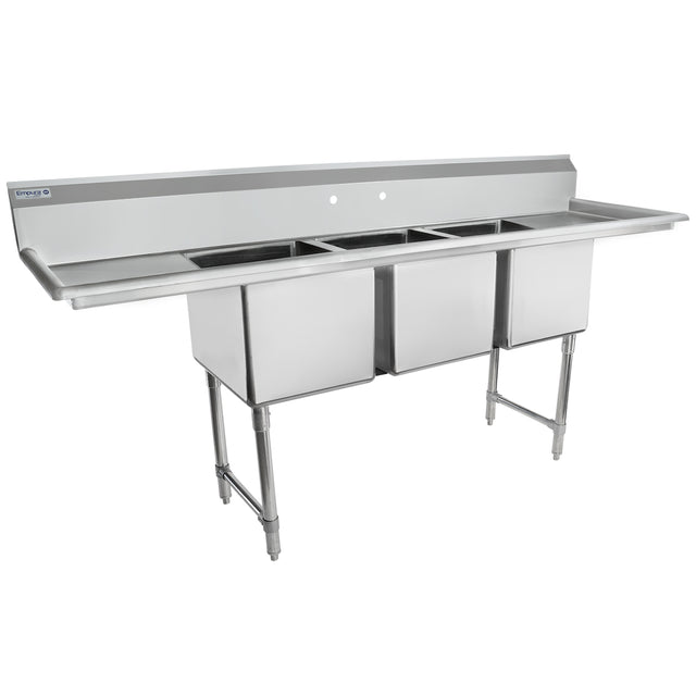 A commercial NSF sink with three deep rectangular basins, a raised backsplash, and sturdy metal legs. This 3 compartment sink features extended drainboards on each end and is ideal for heavy-duty use in restaurant or industrial kitchens.