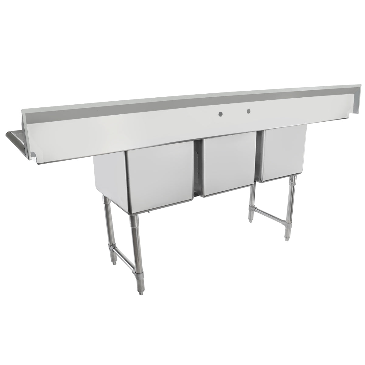 A commercial NSF sink features a long backsplash, two faucet holes, and sturdy legs. This 3 compartment stainless steel sink is perfect for industrial kitchens, offering deep rectangular basins and a clean, modern appearance.