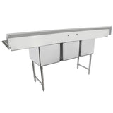 A commercial NSF sink features a long backsplash, two faucet holes, and sturdy legs. This 3 compartment stainless steel sink is perfect for industrial kitchens, offering deep rectangular basins and a clean, modern appearance.
