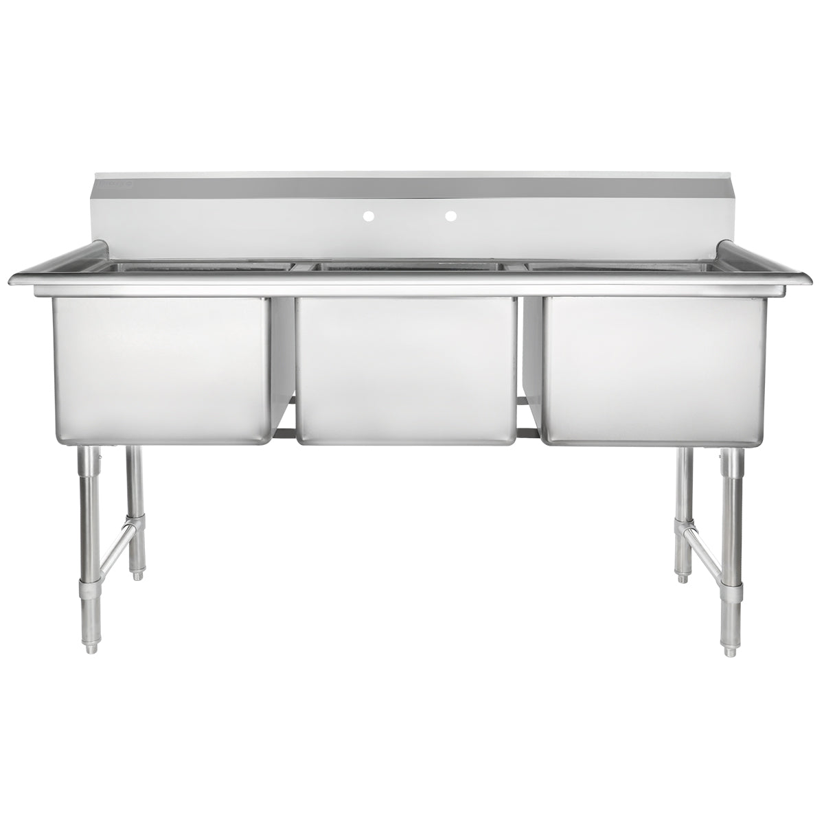 A 304 stainless steel commercial sink with three deep rectangular basins, a backsplash with two faucet holes, and four sturdy legs. This 3 compartment sink offers a simple, industrial design perfect for heavy-duty kitchen use. The sink is clean and unoccupied.