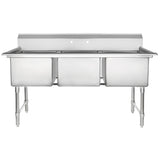 A 304 stainless steel commercial sink with three deep rectangular basins, a backsplash with two faucet holes, and four sturdy legs. This 3 compartment sink offers a simple, industrial design perfect for heavy-duty kitchen use. The sink is clean and unoccupied.
