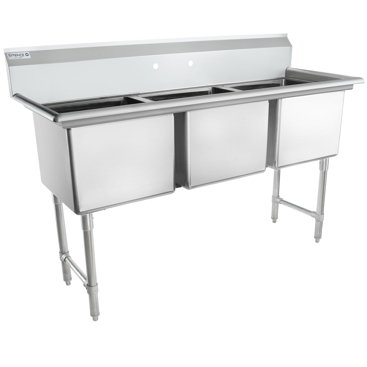 A large 3 compartment sink made from 304 stainless steel, with three deep rectangular basins, a high backsplash, and four sturdy legs. This commercial sink is clean, features horizontal edges, and suits professional kitchens.