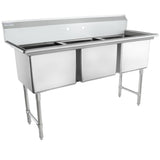 A large 3 compartment sink made from 304 stainless steel, with three deep rectangular basins, a high backsplash, and four sturdy legs. This commercial sink is clean, features horizontal edges, and suits professional kitchens.