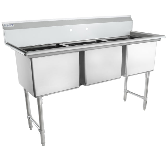 A large 3 compartment sink made from 304 stainless steel, with three deep rectangular basins, a high backsplash, and four sturdy legs. This commercial sink is clean, features horizontal edges, and suits professional kitchens.