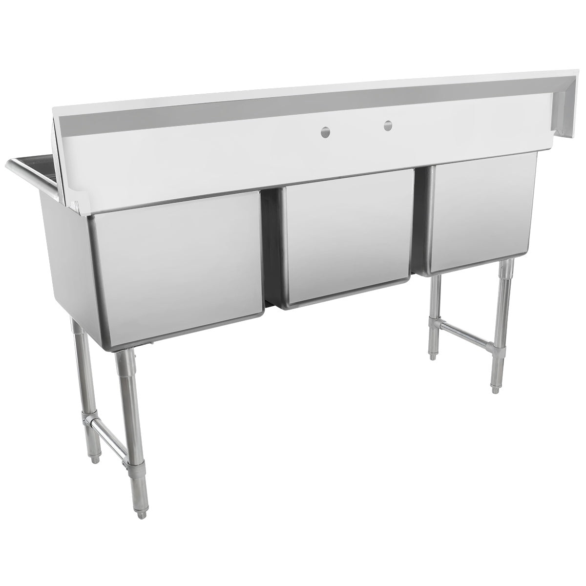 A large commercial 3 compartment sink made from durable 304 stainless steel, featuring tall, sturdy legs and a high backsplash. Designed for industrial or restaurant kitchens, this commercial sink offers three deep basins and a clean, modern look.